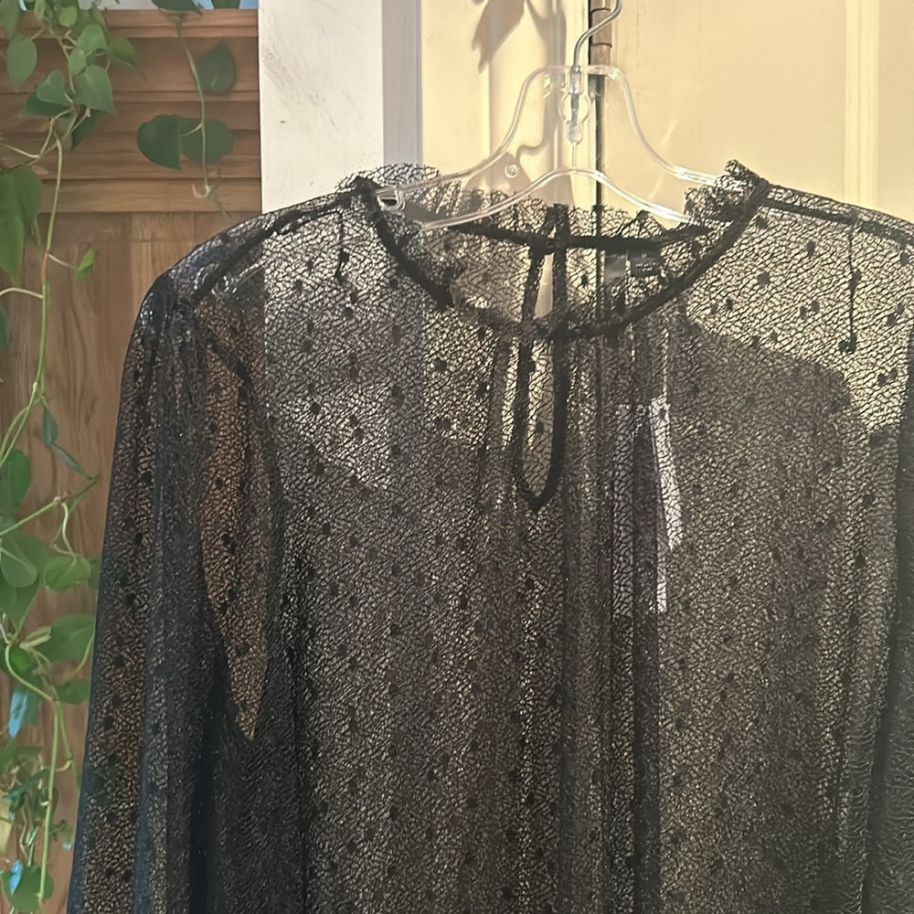 EVER NEW black lace high neck sheer long sleeve tulle blouse medium - Picture 4 of 10